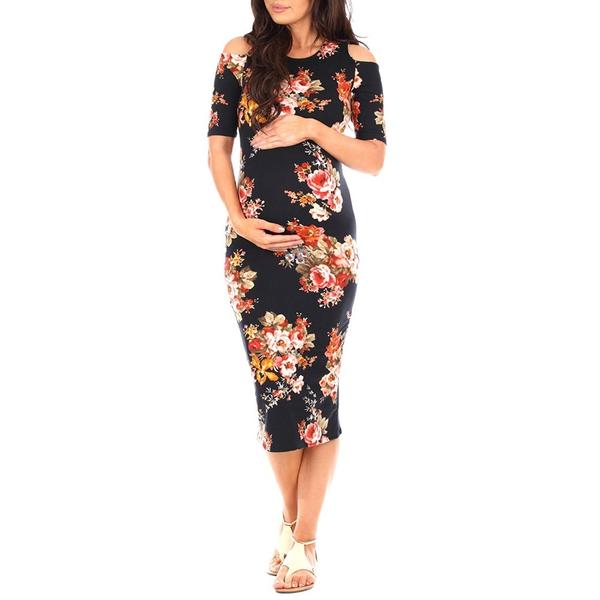 Elegant cold shoulder fitted maternity dress