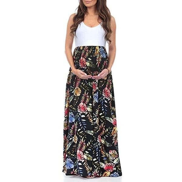 Floral Sleeveless Maternity Maxi Splicing Dress - Black