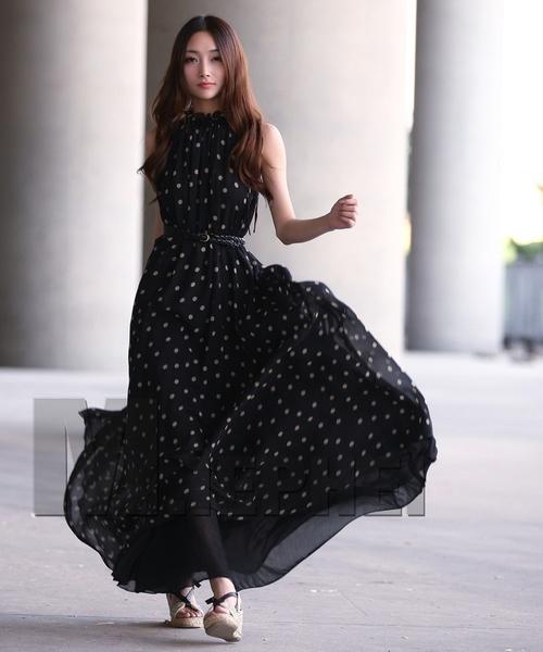 Long Polka Dot Chiffon Maternity Dress - Black