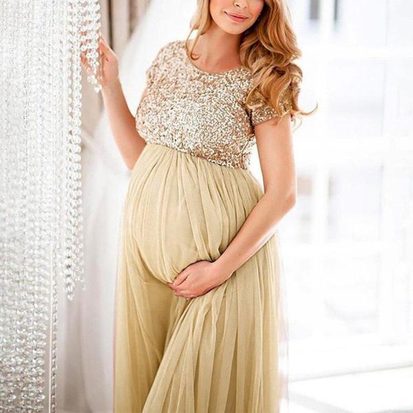 Casual Maternity Dresses - AmyandRose gold sequin gown