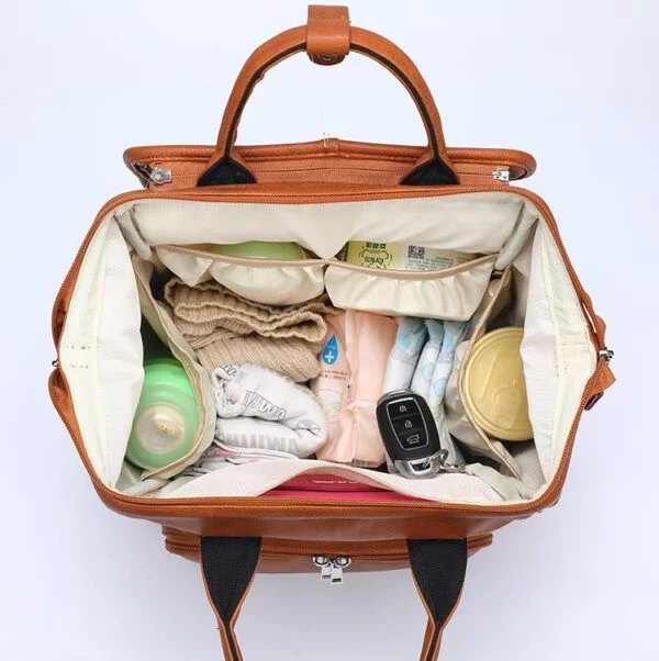 Leather Diaper Backpack Bag Open
