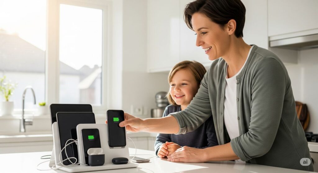 Family technology charging station promoting screen-free connection time