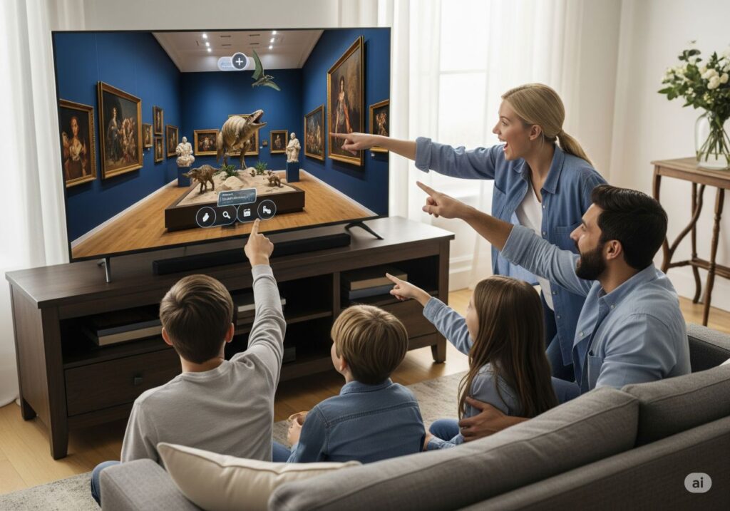 Family participating in educational virtual museum tour together on home screen