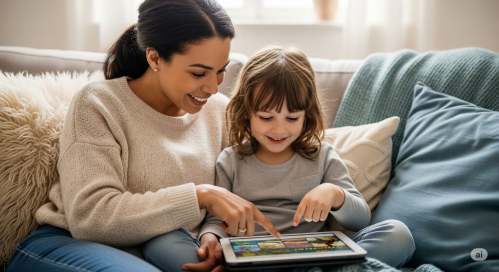 Mother and child enjoying educational content together on tablet in natural home setting