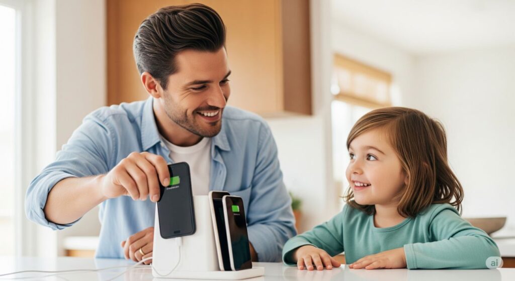 Parent modeling healthy screen boundaries by putting phone away during family time