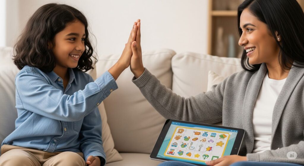 Parent and child celebrating learning achievement after educational screen time activity